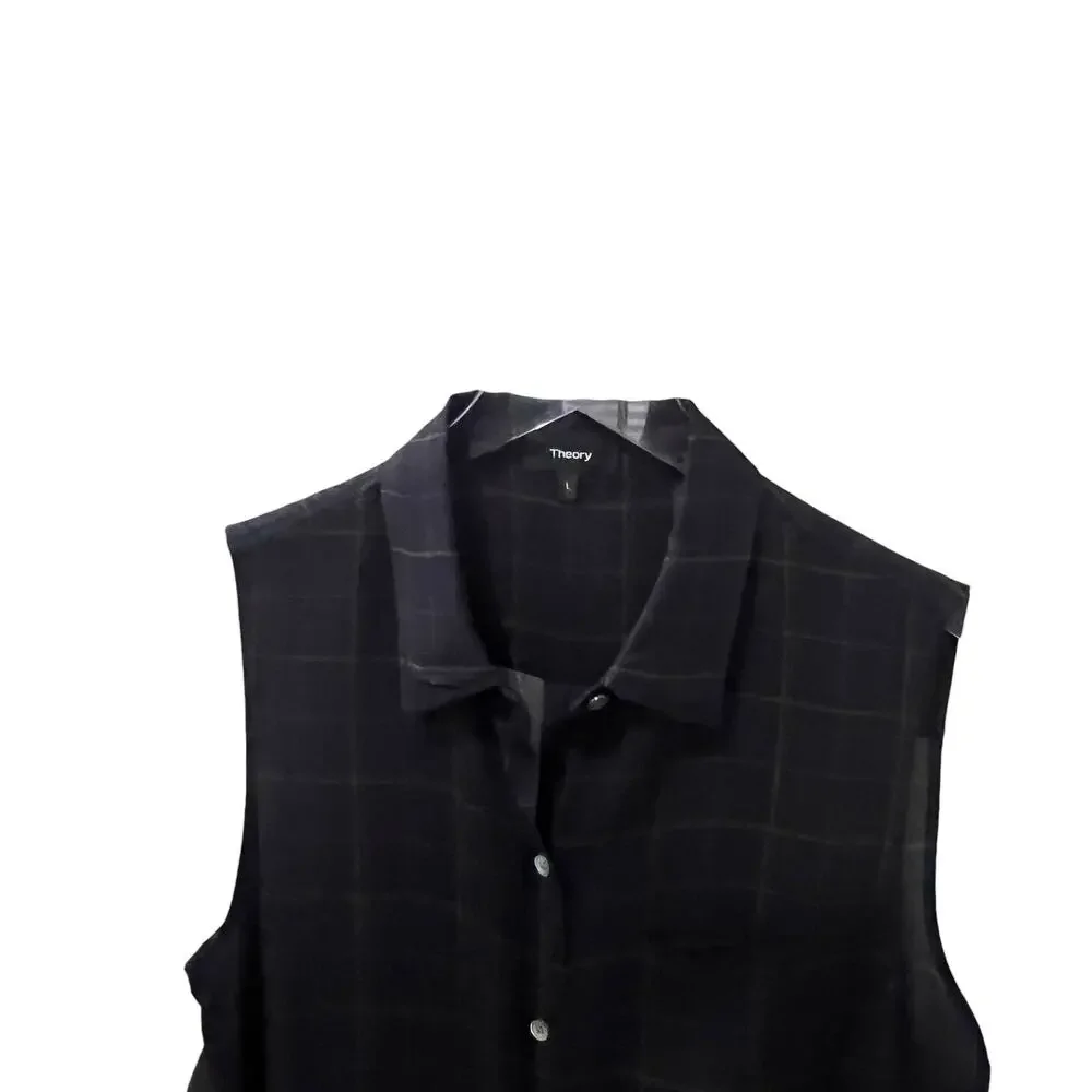 Theory Silk Blouse Tile Print Yarine Navy Blue Brown Sleeveless Size‎ L Academia